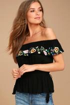 Lulus Catch My Eye Black Embroidered Off-the-shoulder Top