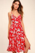 Lulus Esperanza Red Floral Print Midi Dress