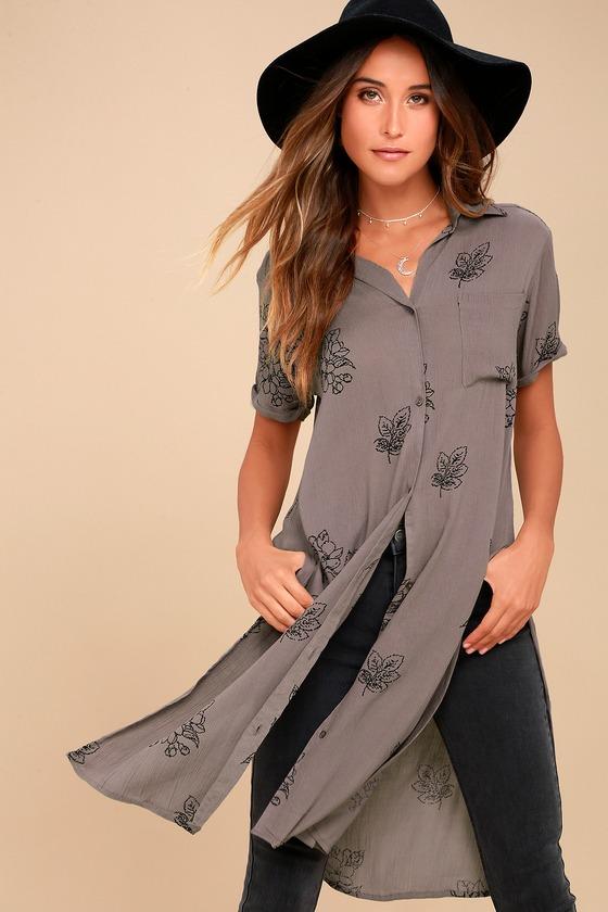O'neill Thora Grey Floral Print Button-up Maxi Top | Lulus