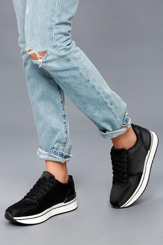 Qupid | Stacey Black Satin Sneakers | Size 5 | Lulus