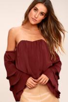Lulus | Up A Notch Burgundy Satin Off-the-shoulder Crop Top | Size Large | Red | 100% Polyester