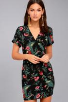 Night In The Jungle Black Floral Print Short Sleeve Dress | Lulus