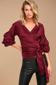 Lulus I Wanna Know Burgundy Satin Wrap Top