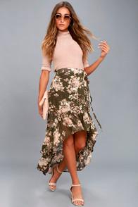 On The Road Tiffany Olive Green Floral Print High-low Wrap Skirt