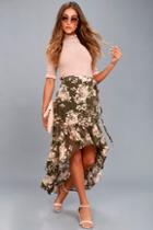 On The Road Tiffany Olive Green Floral Print High-low Wrap Skirt