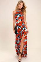 Lulus Back To Your Roots Red Floral Print Two-piece Maxi Dress