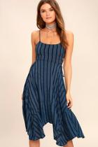 Lulus At Ease Navy Blue Striped Lace-up Midi Dress