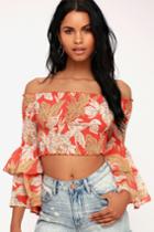 Demelza Red Tropical Print Smocked Off-the-shoulder Crop Top | Lulus