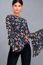 Lulus | Odine Navy Blue Floral Print Long Sleeve Top | Size Medium | 100% Polyester
