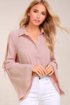 Lulus | Estrella Mauve Pink Long Sleeve Button-up Top | Size Large | 100% Polyester