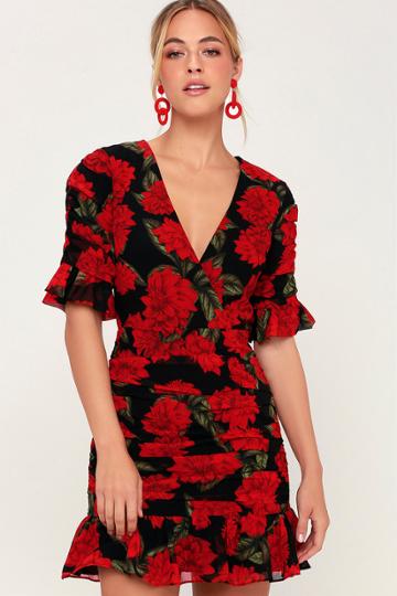 Keepsake Find You Black Floral Print Ruched Mini Dress | Lulus