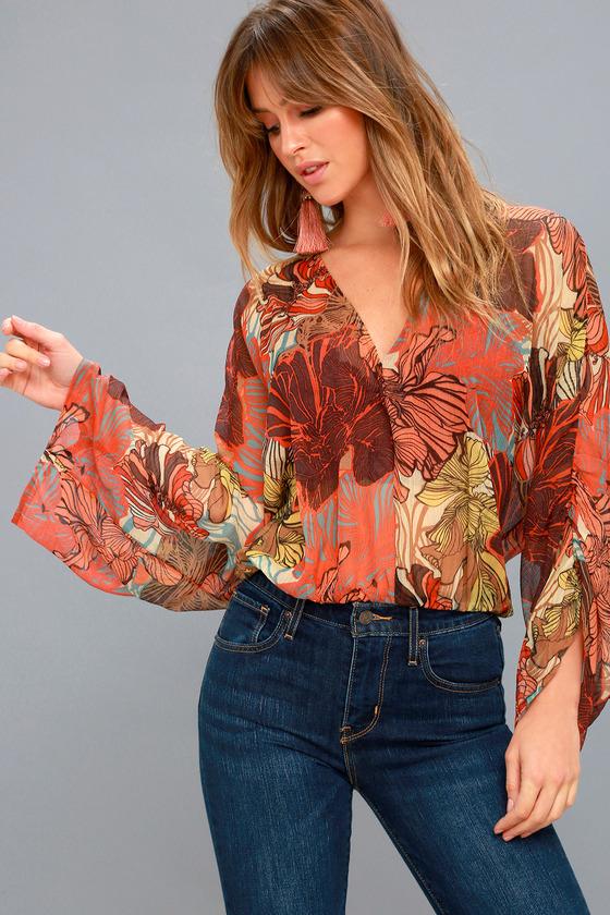Hommage Perfect In Paradise Sheer Orange Floral Print Top | Lulus