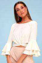 Auben Ivory Knotted Bell Sleeve Crop Top | Lulus