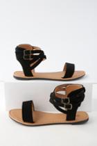 Qupid Seaview Black Suede Ankle Strap Flat Sandal Heels | Lulus
