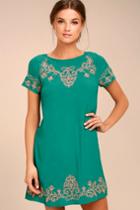 Lulus | Tale To Tell Pink And Teal Green Embroidered Shift Dress | Size Large | 100% Polyester