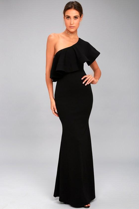 Lulus | So Amazed Black One-shoulder Maxi Dress | Size X-large | 100% Polyester