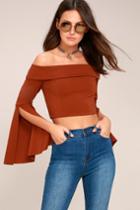 Lulus | Frida Rust Red Long Sleeve Off-the-shoulder Crop Top | Size Large | 100% Polyester