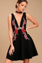Lulus Romantic Rose Black Embroidered Skater Dress