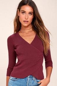 Lulus Just My Type Wine Red Long Sleeve Wrap Top