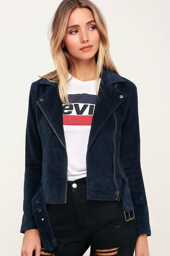 Rvca Drew Navy Blue Corduroy Moto Jacket | Lulus