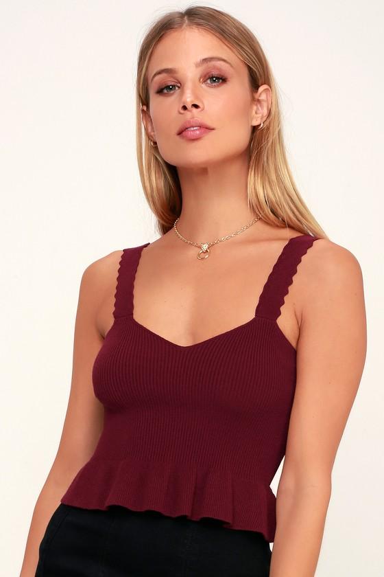 Heat Of The Moment Wine Red Ribbed Knit Peplum Top | Lulus