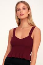 Heat Of The Moment Wine Red Ribbed Knit Peplum Top | Lulus