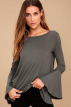 Lulus | Let It Be Me Grey Long Sleeve Top | Size Large | 100% Cotton