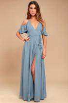 Lulus | Easy Listening Slate Blue Off-the-shoulder Wrap Maxi Dress | Size X-small | 100% Polyester