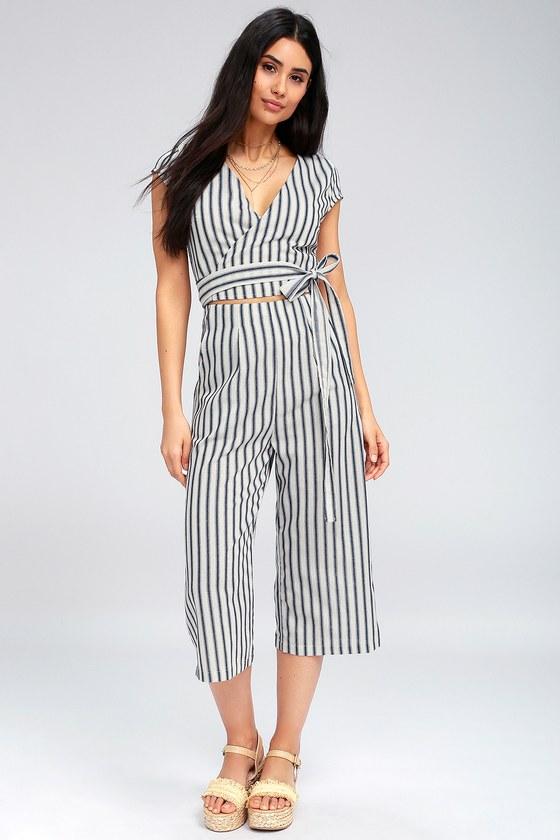 Jetset To Go Blue And White Striped Wrap Culotte Jumpsuit | Lulus