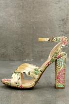 Delicious Genevieve Champagne Brocade Ankle Strap Heels