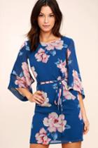 Lulus | Joyful Noise Denim Blue Floral Print Mini Dress | Size X-large | 100% Polyester