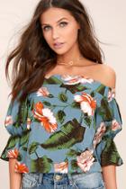 Lulus Balmy Night Slate Blue Floral Print Off-the-shoulder Crop Top