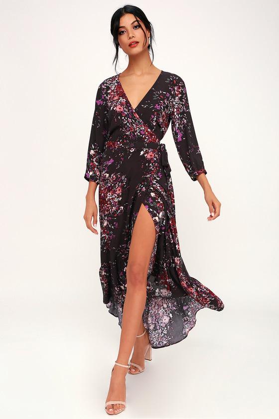 Love Stitch Vision Of Beauty Dark Purple Floral Print High-low Wrap Dress | Lulus