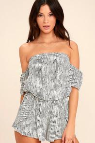 Lulus Get-together Black And White Striped Off-the-shoulder Romper