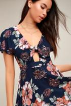 Botanic Of Time Navy Blue Floral Print Tie-front Skater Dress | Lulus