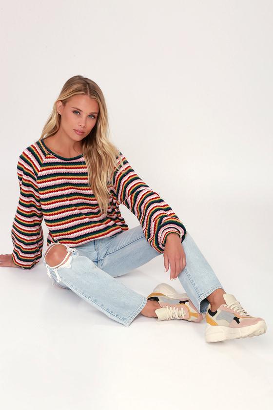 Make It Rainbow Multi Stripe Balloon Sleeve Sweater Top | Lulus