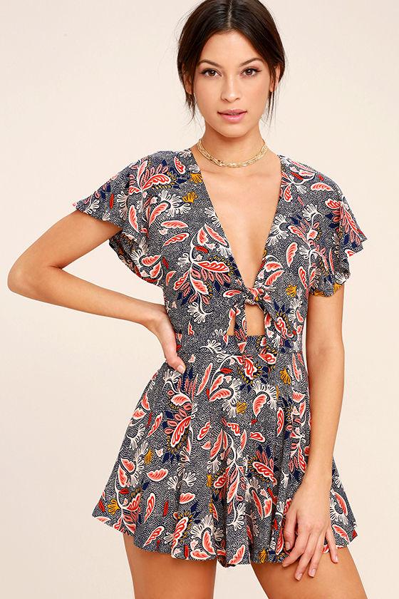 Lulus | Dondi Navy Blue Print Romper | Size X-small | 100% Rayon