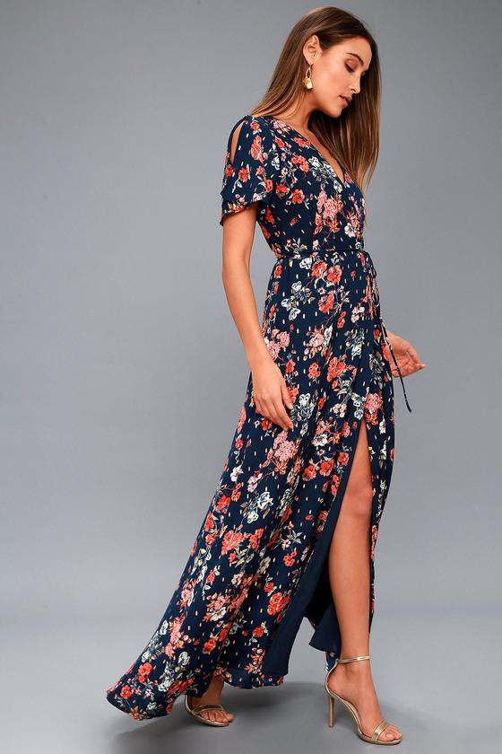 Divine Days Navy Blue Floral Print Wrap Maxi Dress | Lulus