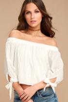 Lulus | Tender Moments White Off-the-shoulder Crop Top | Size Large | 100% Polyester
