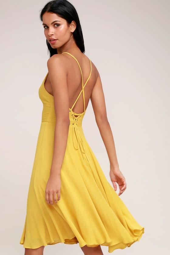 Troulos Mustard Yellow Lace-up Midi Dress | Lulus