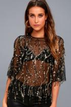 Fremont Street Sheer Black And Gold Sequin Top | Lulus