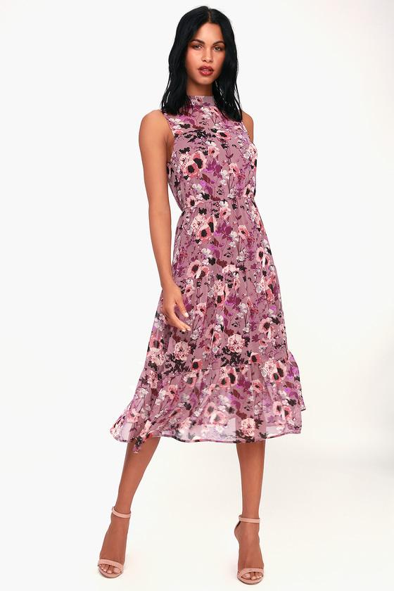 In My Dreams Mauve Floral Print Midi Dress | Lulus