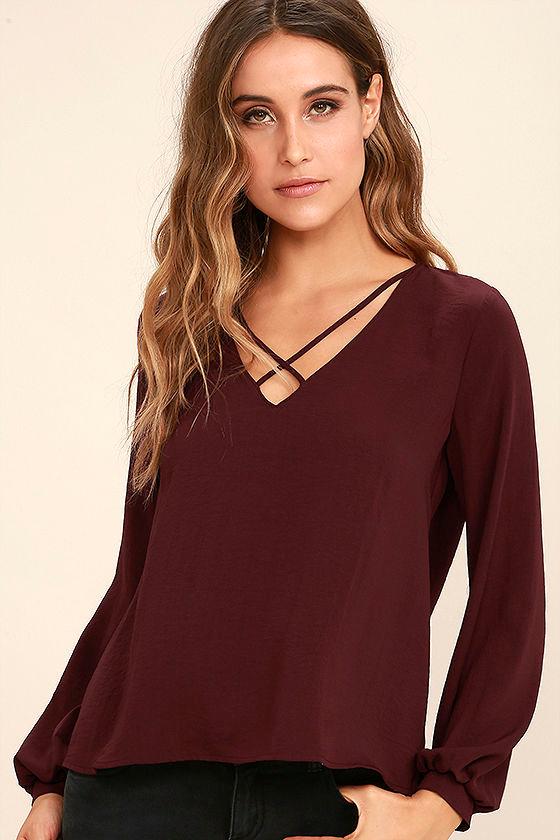 Lush | Big City Burgundy Long Sleeve Top | Size Small | Purple | 100% Polyester | Lulus