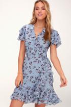 Wayf Madlyn Light Blue Floral Print Mini Wrap Dress | Lulus