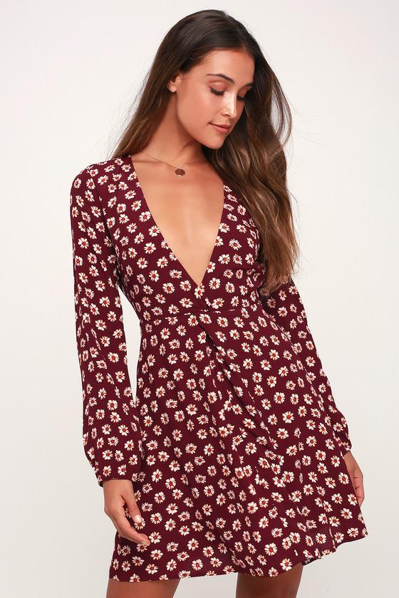 Fleur And Flirtation Burgundy Floral Print Long Sleeve Dress | Lulus