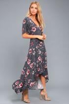 On The Road On The Road Faye Grey Floral Print High-low Wrap Dress | Size X-small | 100% Rayon | Lulus