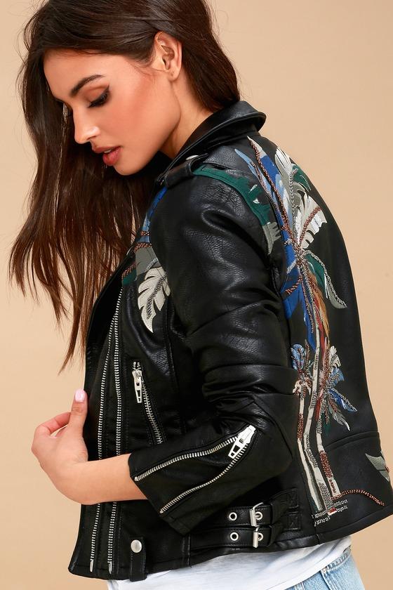 Blank Nyc Island Fever Black Embroidered Vegan Leather Moto Jacket | Lulus