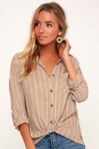 Rvca Holt Taupe And White Striped Tie-front Button-up Top | Lulus