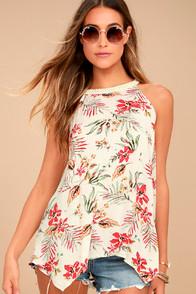 Lulus Miami Mama Cream Floral Print Top
