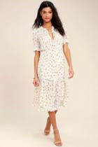 Re:named | Answered Prairie Lace Cream Floral Print Midi Dress | Size Medium | Beige | 100% Polyester | Lulus